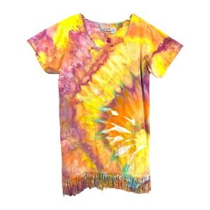 Las Olas Large Dress Handmade Tie Dye Fringe‎ Hem Short Sleeve Shift Knee249